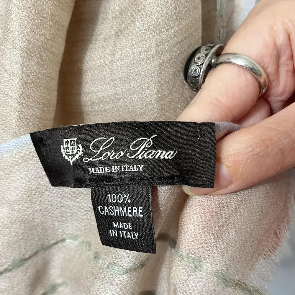 Loro Piana Shawl Wrap Womens Long Beige Cashmere Logo Stripe Scarf Italy